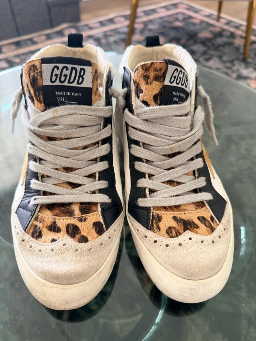 Golden Goose MID STAR White Sneakers with Yellow Star & Leopard Accent - Picture 4 of 7